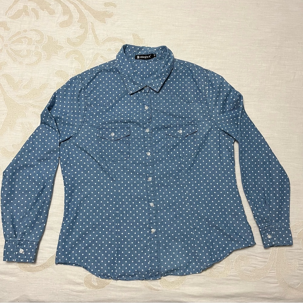 Allegra K Blue Polka Dot Button Down Shirt